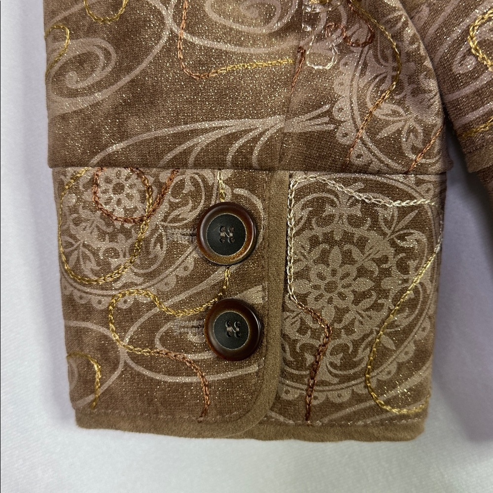 Coldwater Creek Jacket Brown Embroidered Floral Gold Glitter 3/4 Sleeve Jacket - Picture 4 of 7